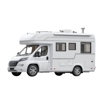 A white camper van is parked on a white background