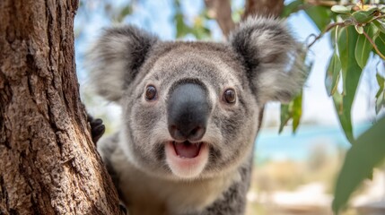 Fototapeta premium Close-Up Portrait of an Adorable Koala with a Playful Expression on a Tree in Australia