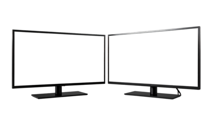 Two black computer monitors with blank white screens, angled slightly apart