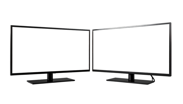 Two black computer monitors with blank white screens, angled slightly apart