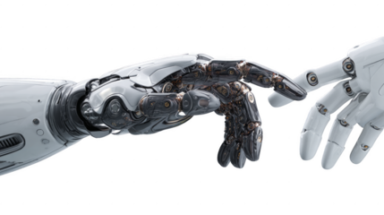 Two robotic hands are touching each other, symbolizing a connection between them