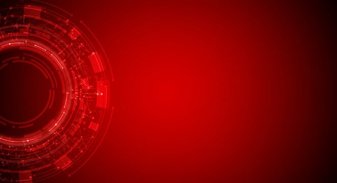Dark red Futuristic digital interface with circular tech elements, glowing highlights, and abstract geometric patterns, ideal for modern technology and innovation themes.
