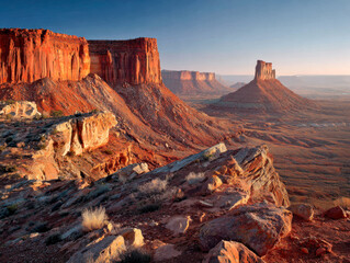 Expansive desert canyon landscape with striking red rock formations illuminated by golden sunlight under a clear sky in a remote wilderness area