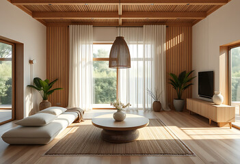 Bright living room with wooden accents and natural light shining through