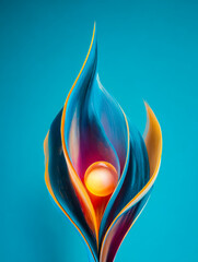 Abstract digital art featuring colorful flowing shapes with a glowing sphere against a blue background