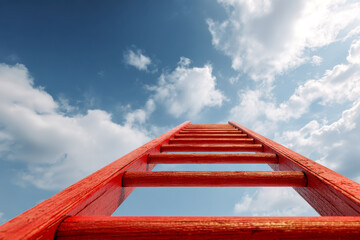 Perspective view of a vibrant red ladder reaching towards a bright blue sky with scattered white clouds, symbolizing aspiration and the pursuit of new heights