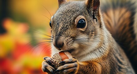 Obraz premium Closeup portrait of cute squirrel enjoying its acorn meal in autumn season