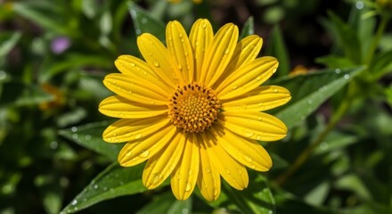 Obraz premium Close-up of a vibrant yellow flower, adorned with dew drops, showcasing intricate details and a sunny, natural ambiance.