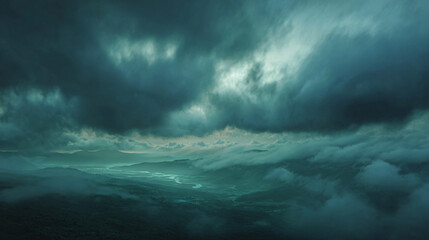 Fototapeta premium Dark and dramatic stormy sky over a turbulent, dark ocean with heavy clouds.