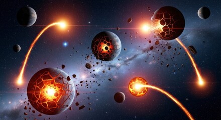 Multiple planets are violently colliding in a cosmic explosion, showcasing fractured surfaces and fiery debris in deep space.