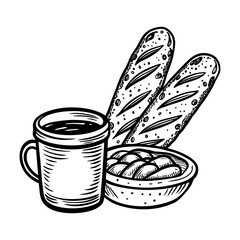 Coffee with baguette and bun, black and white illustration