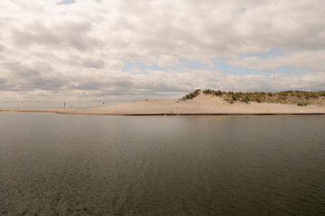 Serene riverbank landscape featuring sandy shore and calm waters under an overcast sky
