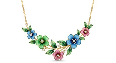A gold necklace with a floral design featuring intricate enamel flowers and diamonds.
