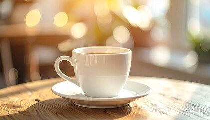 Coffee in White Cup on Wooden Table with Bokeh Sunlight in a Cafe Interior