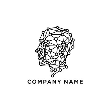 Abstract human head logo with network connections and nodes.