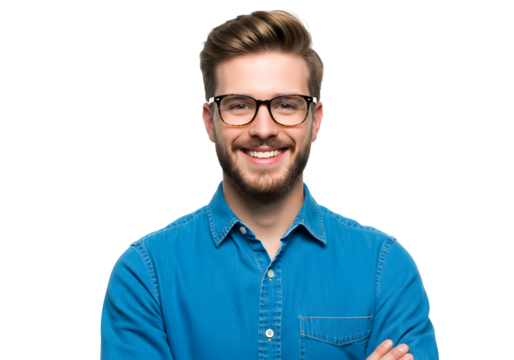 Portrait of a young man with glasses and a blue shirt, smiling at the camera