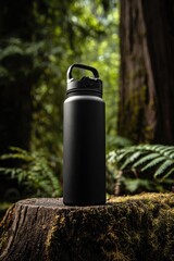 Matte black water bottle rests on a moss-covered tree stump in a lush forest setting.  The bottle features a simple carrying handle
