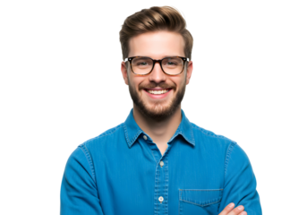 A confident young man wearing glasses and a blue shirt smiles directly at the camera