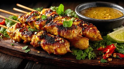 Fototapeta premium Plate of delicious thai chicken skewers served on wooden board with creamy peanut sauce for dipping