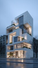 A modern, multi-story building with a unique, geometric design, featuring large windows, balconies, and a light-colored facade, is depicted at twilight