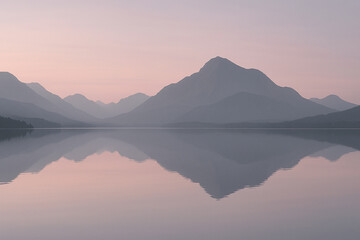 Pastel Mountain Landscape Reflected in Calm Lake