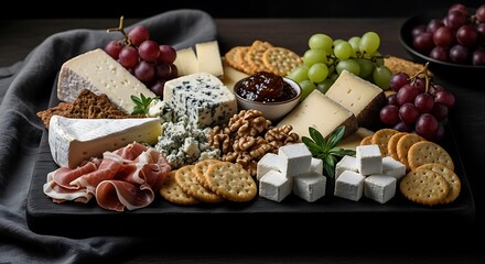 Elaborate assortment of cheese, fruits, and accompaniments for tasting