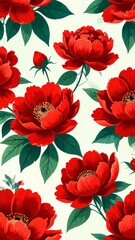 A vibrant floral pattern of red peonies on a light cream background.  Detailed blooms and leaves