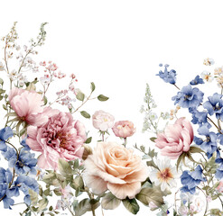 A colorful flower arrangement with pink, blue, and white flowers