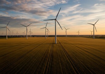 Golden Sunset over Wind Farm in Wheat Field