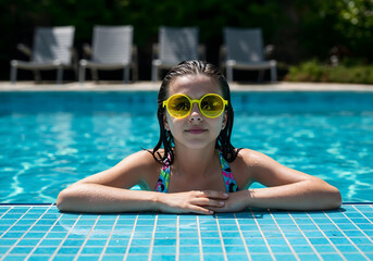 Naklejka premium Girl in colorful swimsuit with goggles resting hands on pool edge, sunny day.