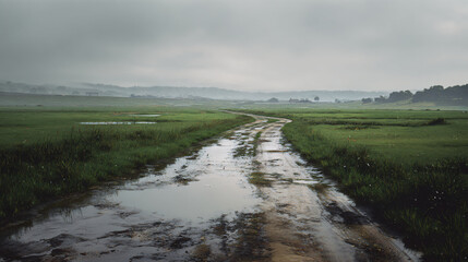 A muddy dirt road with puddles winding through a vast green field under a cloudy, overcast sky, with distant misty hills.