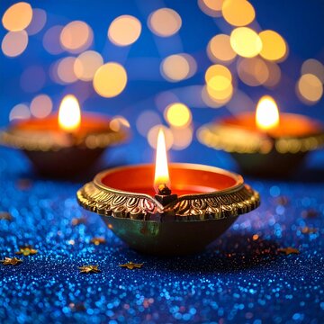 Group of diwali diya or oil lamp on shiny blue bokeh background