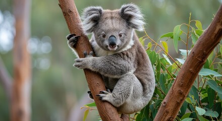 Fototapeta premium Adorable koala clinging to a eucalyptus tree branch, its fluffy ears and gentle eyes capturing hearts with natural charm and serene wildlife beauty.