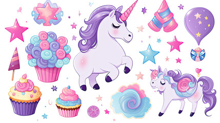 Title: Collection of Colorful Unicorn Birthday Sticker Clipart Illustrations Isolated on White Background