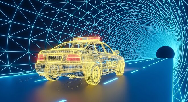 Futuristic Police Car Wireframe in Digital Tunnel. - Powered by Adobe