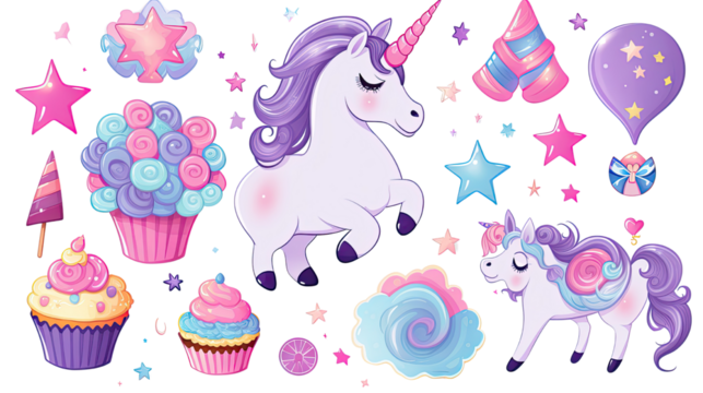 Title: Collection of Colorful Unicorn Birthday Sticker Clipart Illustrations Isolated on White Background