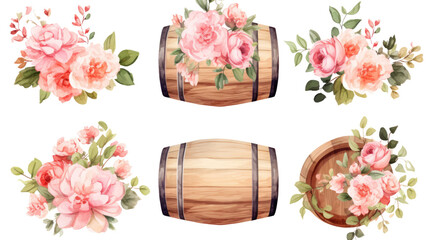 Title: Set of Watercolor Vintage Floral Barrel Stickers Collection on White Background