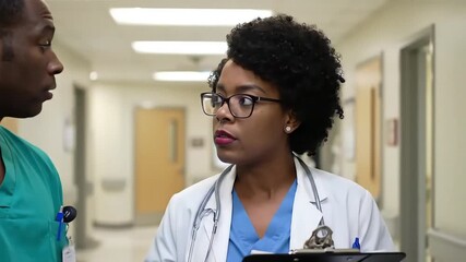 Two diverse medical professionals collaborating on patient care in a modern hospital hallway - Powered by Adobe
