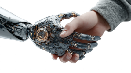 A robot hand is shaking a human hand