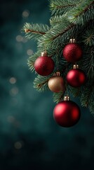 Obraz premium Glossy red and gold christmas ornaments closeup