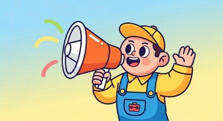 A cheerful cartoon character in overalls, holding a megaphone, and announcing something with vibrant colors and playful expressions.