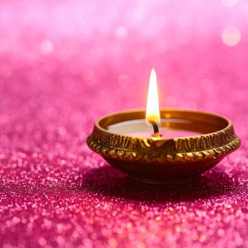 Indian festival diwali diya or oil lamp on shiny pink bokeh background