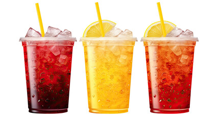 Title: Three Cold Drinks with Dome Lids and Straws Isolated on White Background