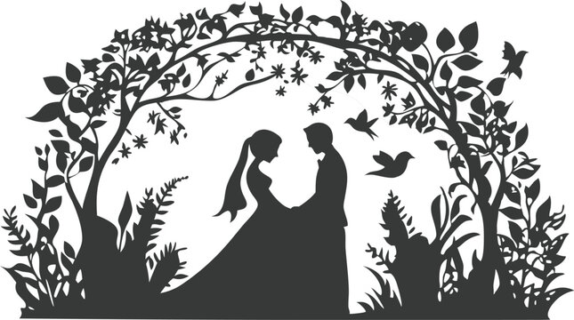 Romantic silhouette of a bride and groom embracing under a lush tree archway
