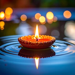 Happy diwali oil lamp or diya floating on water with bokeh background