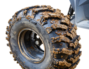 Muddy ATV Tire with Aggressive Tread Pattern, Angled Side View, Isolated on Transparent Background