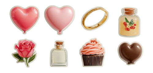 Colorful Heart Balloons, Ring, Rose, Cupcake, and Jar Isolated on Transparent Background