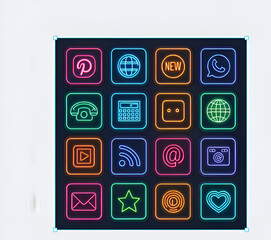 Vibrant neon social media and app icons glow with modern digital communication and connection themes