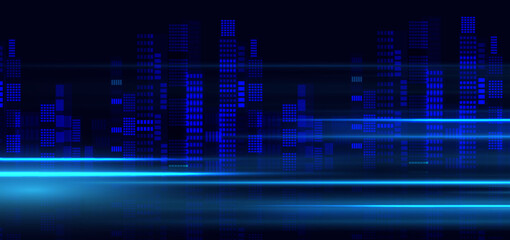Nigth cityscape glowing blue panoramic on dark background. Futuristic cityscape with speed lines light.