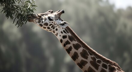 Fototapeta premium Giraffe stretches its neck to reach leafy branches for a meal